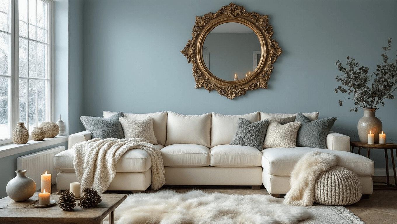 Ultra-detailed winter living room featuring an icy blue accent wall, a cream sectional sofa with chunky gray knit throws and plush pillows, a large ornate mirror reflecting candlelight, eucalyptus in a ceramic vase, rich hardwood floors with a sheepskin rug, and warm golden hour lighting enhancing the cozy atmosphere.