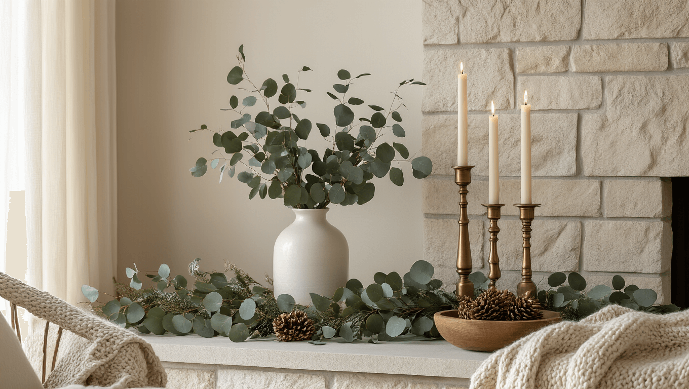Ultra-realistic winter mantle scene featuring a warm cream wall, greige stone fireplace, and soft afternoon light. The setup includes an antiqued brass mirror, a eucalyptus garland, graduated brass candlesticks, a white ceramic vase, and a vintage wooden bowl with pinecones. A soft knit throw rests on a nearby chair, while flameless candles provide ambient glow, creating a serene neutral palette.