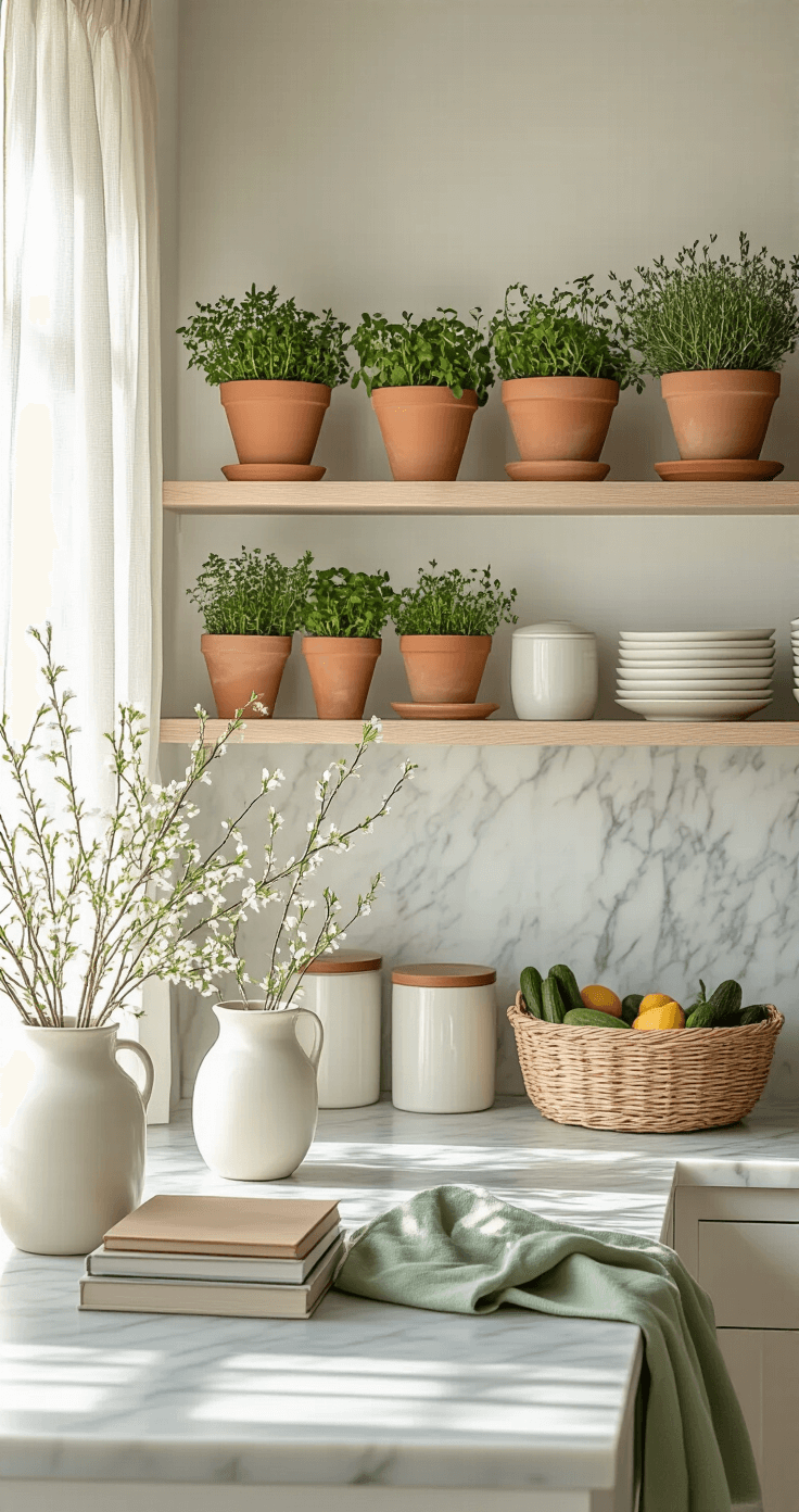 A minimalist kitchen featuring marble countertops and open shelving adorned with hand-painted terracotta pots filled with fresh herbs, illuminated by morning light streaming through sheer pastel curtains. The scene includes white ceramic vases with forsythia branches, cookbooks, ceramic canisters, sage green kitchen towels, and a woven basket with fresh produce, all arranged with soft natural textures and a neutral color scheme accented by subtle spring elements.