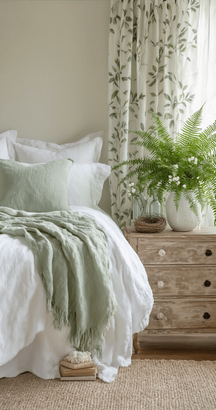 Cozy bedroom corner featuring white linen bedding, a soft sage green throw, a vintage wooden dresser with yarn-wrapped bottles of spring blossoms, a large potted fern, sheer botanical print curtains, a muted earth-toned rug, and a decorative bird nest on a book stack, bathed in soft morning light.