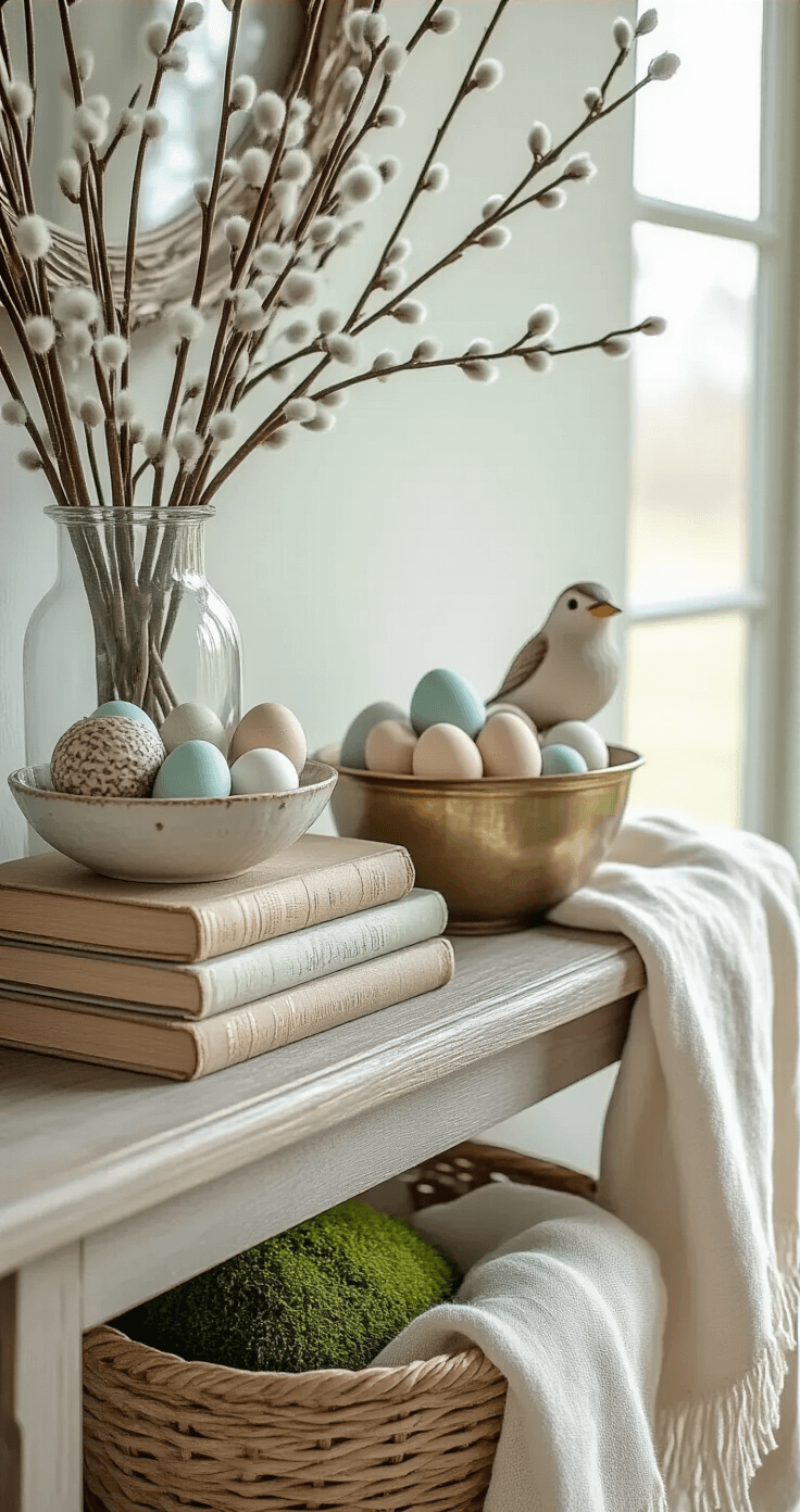 Rustic entryway console decorated with a layered spring vignette featuring a stack of vintage books, a ceramic bowl of painted eggs, a small bird figurine, pussy willow branches in a tall glass vase, and soft moss in a vintage brass container, accompanied by a woven basket with a linen throw, all in soft sage and white tones under natural morning light.