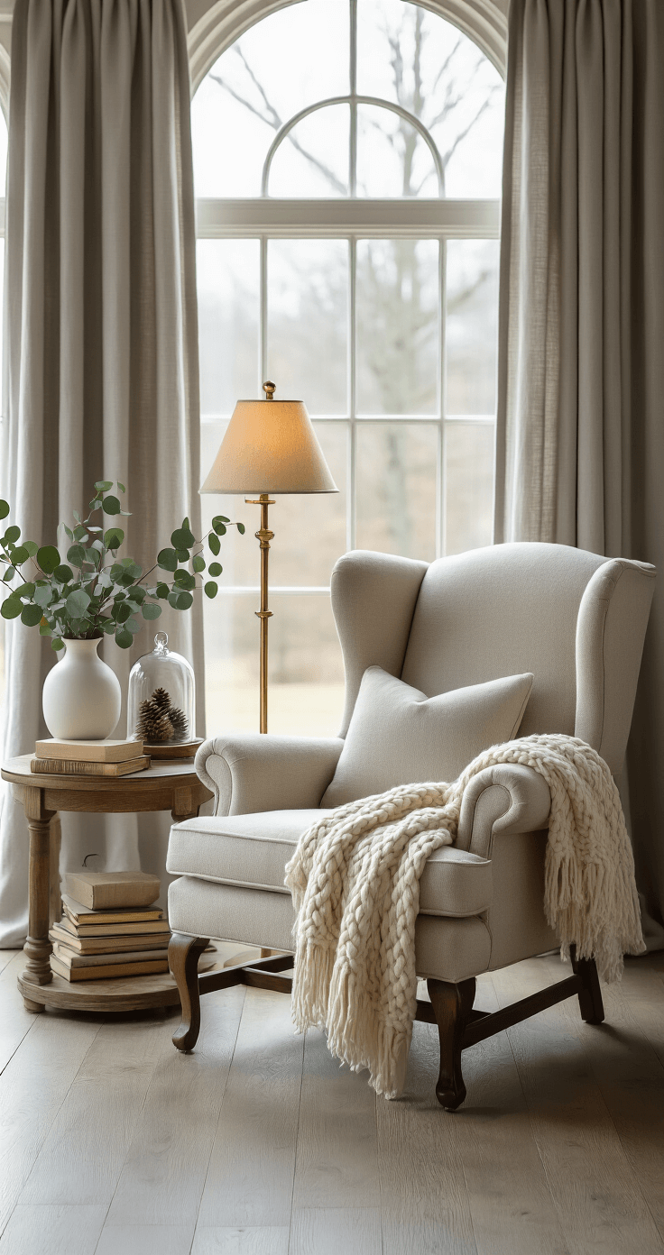 Cozy reading corner featuring an oversized oatmeal-colored wingback chair near a large arched window with soft gray linen curtains, illuminated by a brass floor lamp with warm amber light, vintage wooden side table with books and a glass cloche of pinecones, white ceramic vase with eucalyptus, and a cream cable-knit throw blanket draped over the chair, all on subtle gray-washed hardwood floors, capturing a tranquil winter atmosphere.