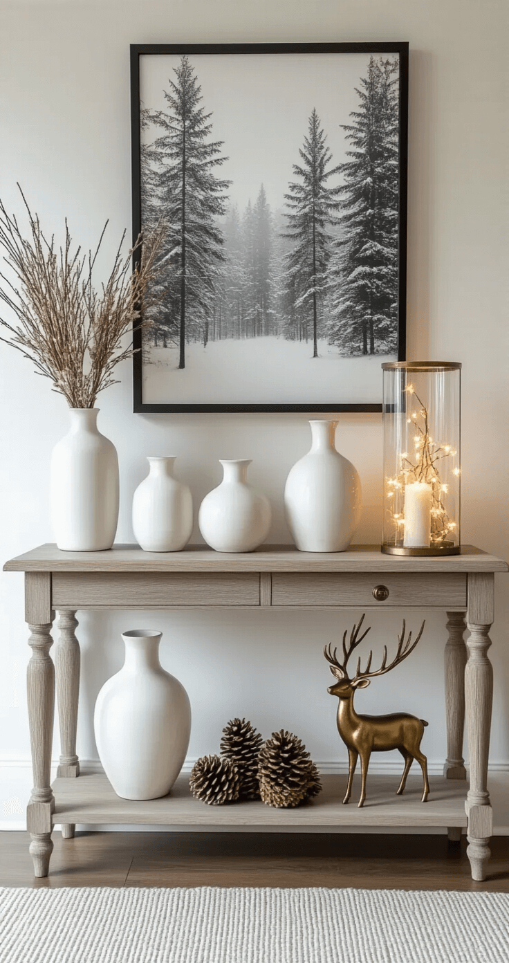 Elegant entryway featuring a weathered oak vintage console table adorned with white ceramic vases of varying heights, a large framed black and white forest print above, and warm white fairy lights in a glass vase with pinecones, alongside an antique brass deer sculpture and a woven fiber runner.