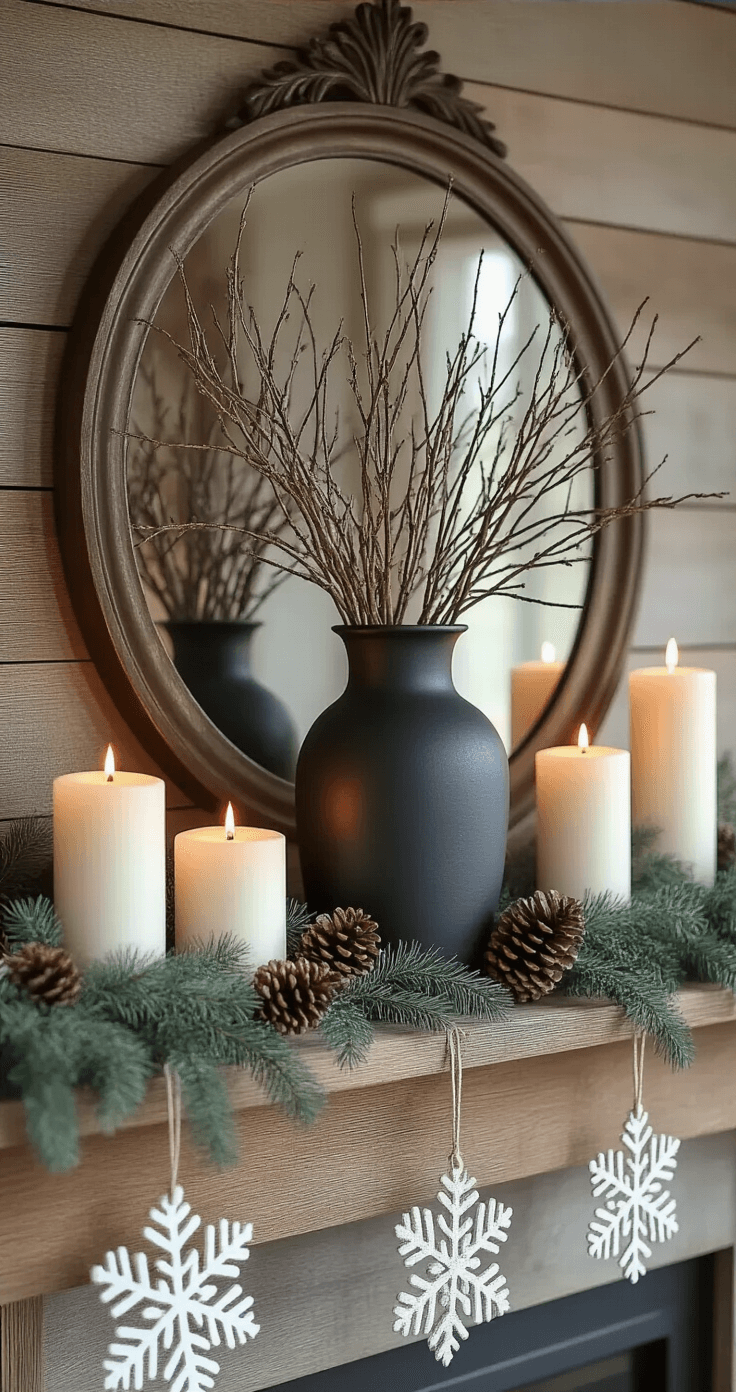Rustic mantel decor featuring a natural birch branch arrangement in a tall matte black iron vase, surrounded by varying heights of white pillar candles on a reclaimed barn wood mantelpiece, with eucalyptus garland, pinecones, and wooden snowflake ornaments, reflecting soft candlelight in an antique brass-framed mirror, and a handmade felted wool snowflake garland hanging from antique iron hooks, all bathed in warm amber lighting.