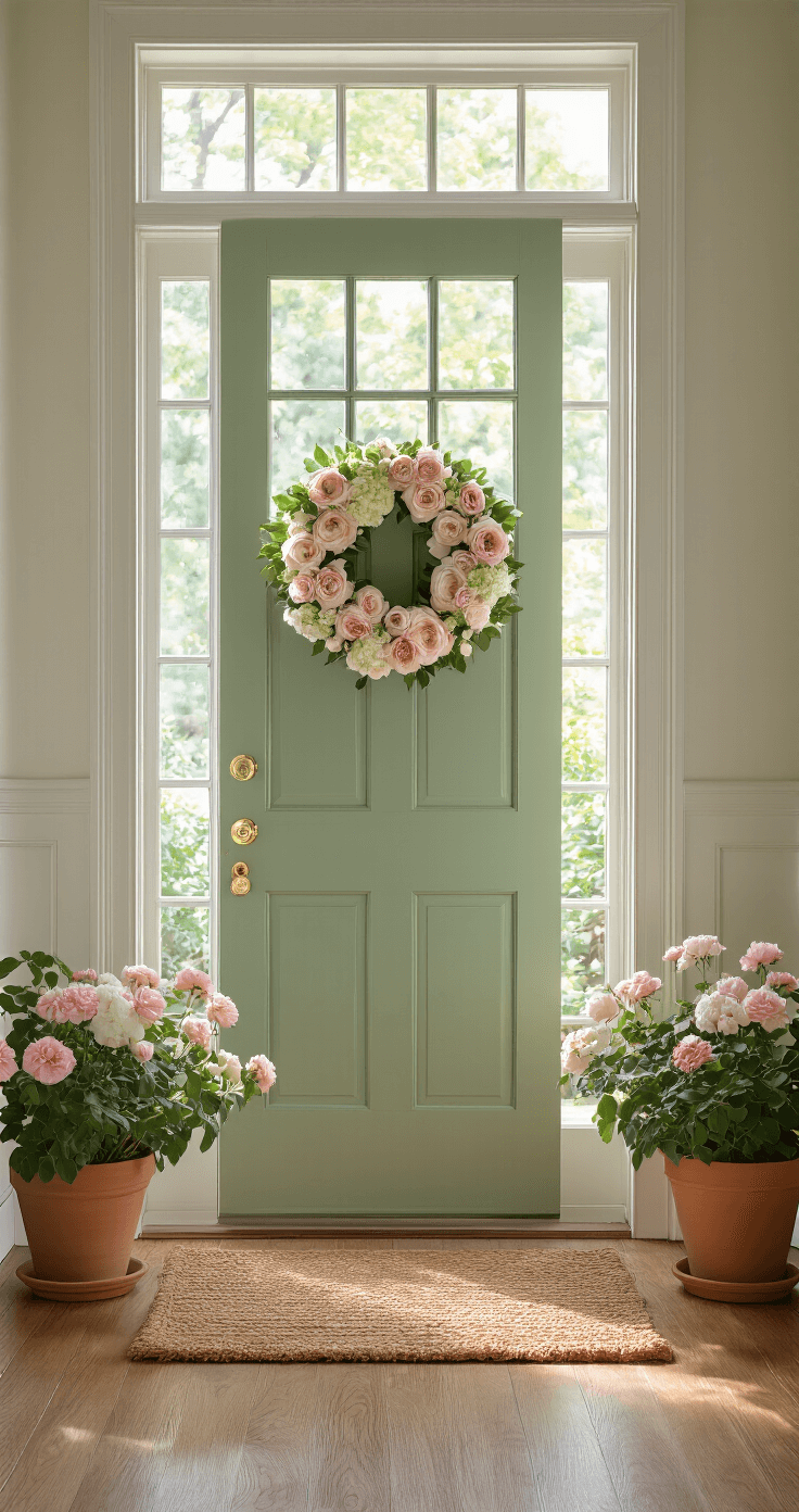 A sunlit entryway featuring a sage green front door with white trim, a natural coir doormat, and a 22-inch spring wreath adorned with pink ranunculus and white hydrangeas. Morning light streams through a side window, illuminating terra cotta planters filled with blooming geraniums on a hardwood floor, complemented by gleaming brass door hardware and subtle eucalyptus greenery.