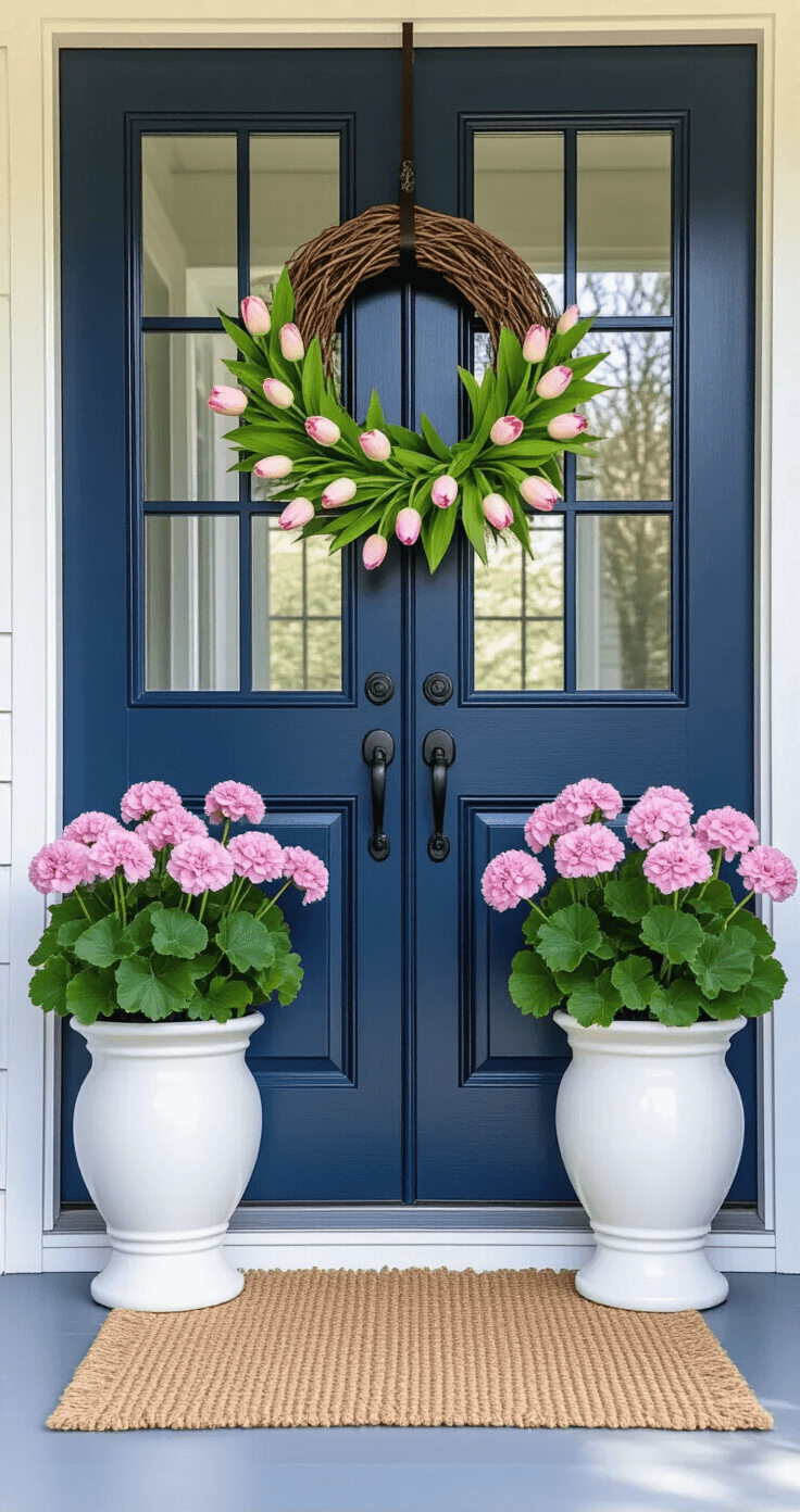 Professional home decor scene featuring a navy blue front door with white trim, flanked by matching white ceramic planters with pale pink geraniums. The door is adorned with a wrought iron scroll handle and a 24-inch grapevine wreath with artificial tulips and greenery, complemented by a natural jute welcome mat, all illuminated by soft diffused natural light.