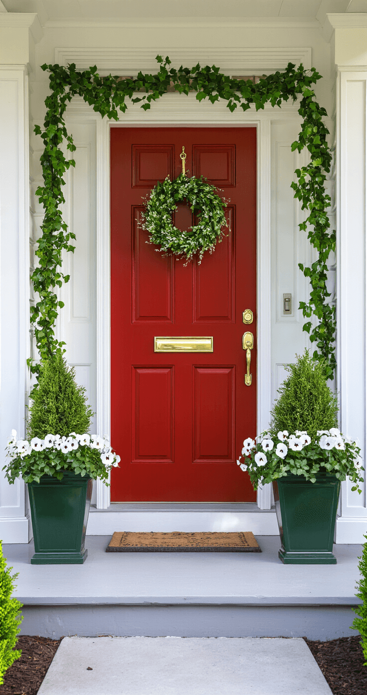 Sophisticated curb appeal of a traditional colonial home featuring a classic red front door with a brass knocker, flanked by dark green planters with ivy and white pansies, a moss wreath with spring flowers, and a clean slate walkway, captured in soft morning light.
