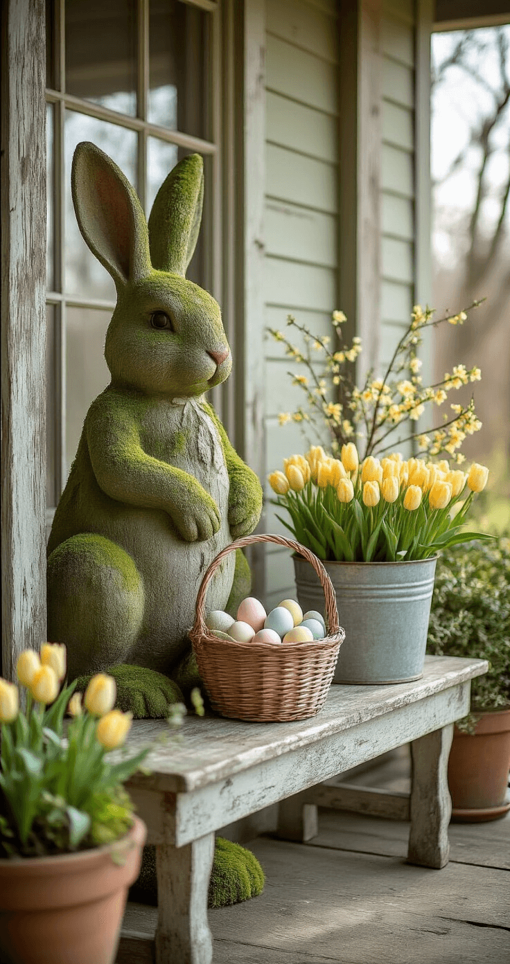 A rustic farmhouse Easter porch featuring a moss-covered bunny statue, galvanized metal planters with yellow tulips and forsythia, a vintage basket of pastel eggs on a distressed bench, and trailing greenery in terra cotta pots, all in soft morning light.