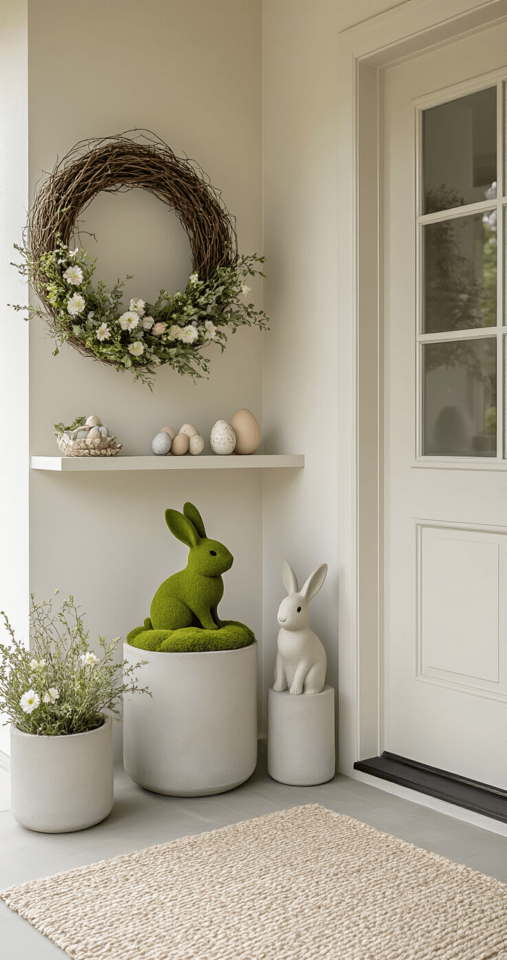 A minimalist Easter porch featuring a neutral palette of warm whites, sage greens, and soft clay tones, with concrete planters, moss bunnies, ceramic egg decorations on floating shelves, and a large grapevine wreath with muted spring flowers. The scene is illuminated by soft morning light, showcasing intentional design and elegant simplicity with a low-profile outdoor rug.