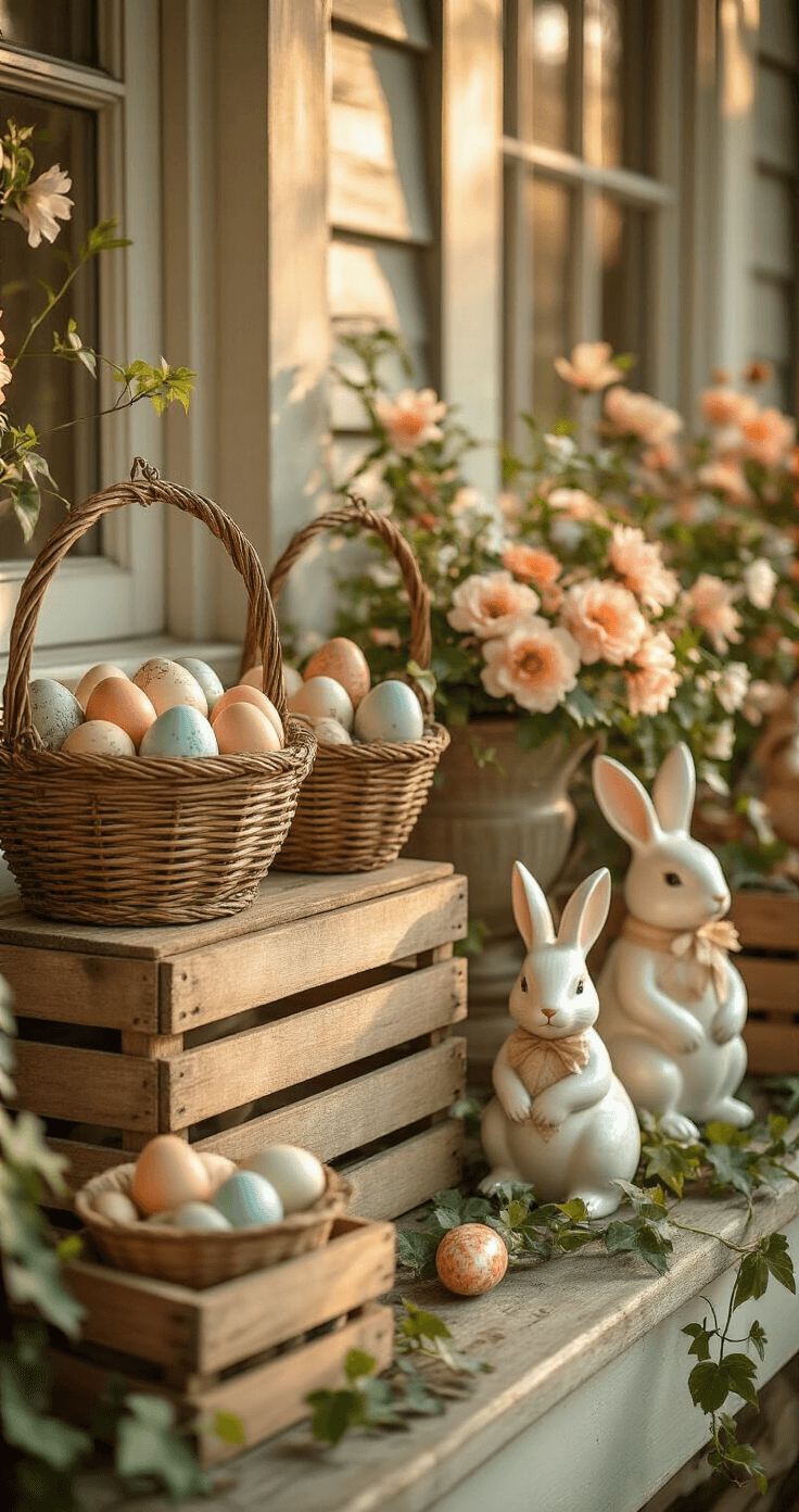 A vintage eclectic Easter porch scene featuring warm amber lighting, antique metal egg baskets with hand-painted ceramic eggs, weathered wooden crates, thrifted porcelain bunny figurines, trailing ivy, and soft spring blossoms, all in a soft coral, sage, and cream color palette, captured from a slightly elevated angle to highlight intricate nostalgic details.