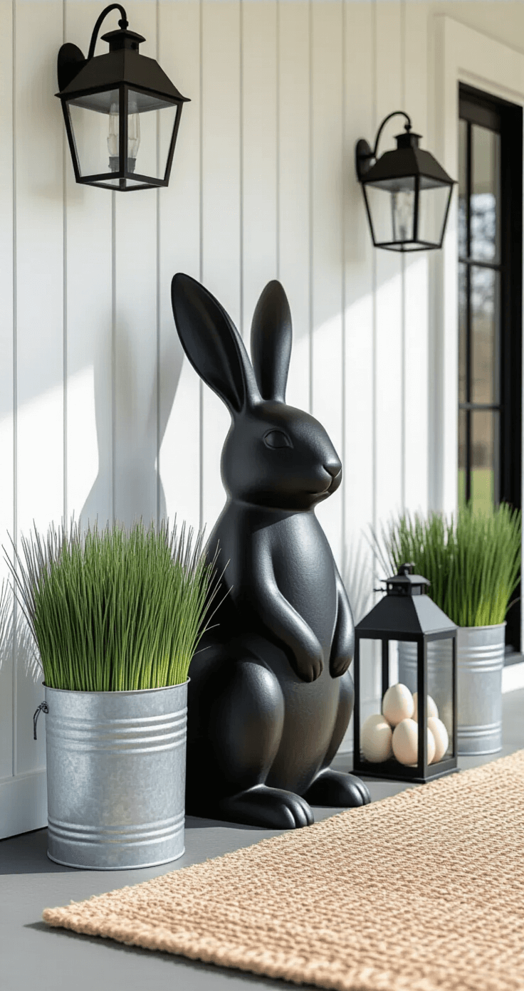 Modern farmhouse Easter porch featuring a white shiplap backdrop, an oversized black metal bunny statue, galvanized planters with green wheat grass, monochromatic ceramic egg decorations, a woven outdoor rug, and elegant black metal lanterns, all illuminated by soft morning light.