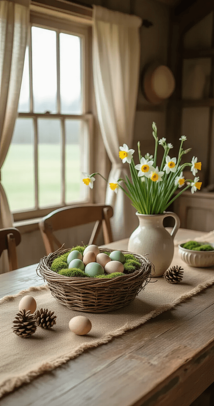 A rustic farmhouse dining table adorned with a primitive Easter centerpiece, featuring hand-painted wooden eggs, moss-covered nests with speckled eggs, and eggshell vases holding delicate daffodils and wild violets, all illuminated by soft morning light filtering through linen curtains.