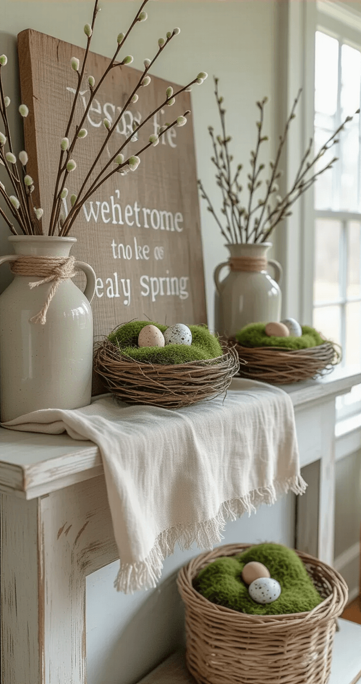 A cozy living room mantel styled with primitive Easter decor, featuring soft natural light, a vintage linen backdrop, weathered wooden sign, stoneware crocks with pussy willows, moss-covered nests with speckled eggs, and rustic twine-wrapped candleholders in muted sage green and cream tones, emphasizing texture and organic arrangement.