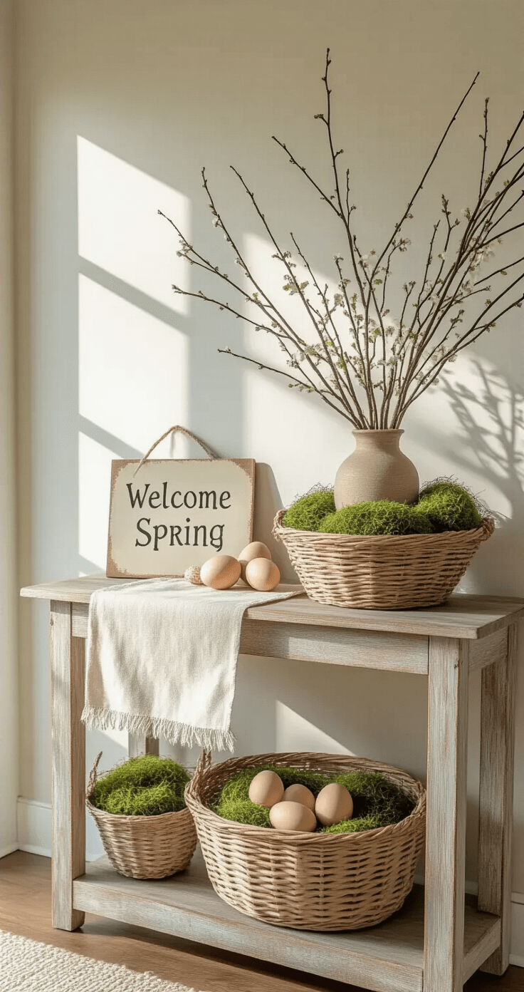 Farmhouse entryway with a console table showcasing a minimalist Easter display featuring a weathered wooden surface, a vintage flour sack runner, a large basket filled with Spanish moss and wooden eggs, and a 'Welcome Spring' sign, all illuminated by soft morning light.