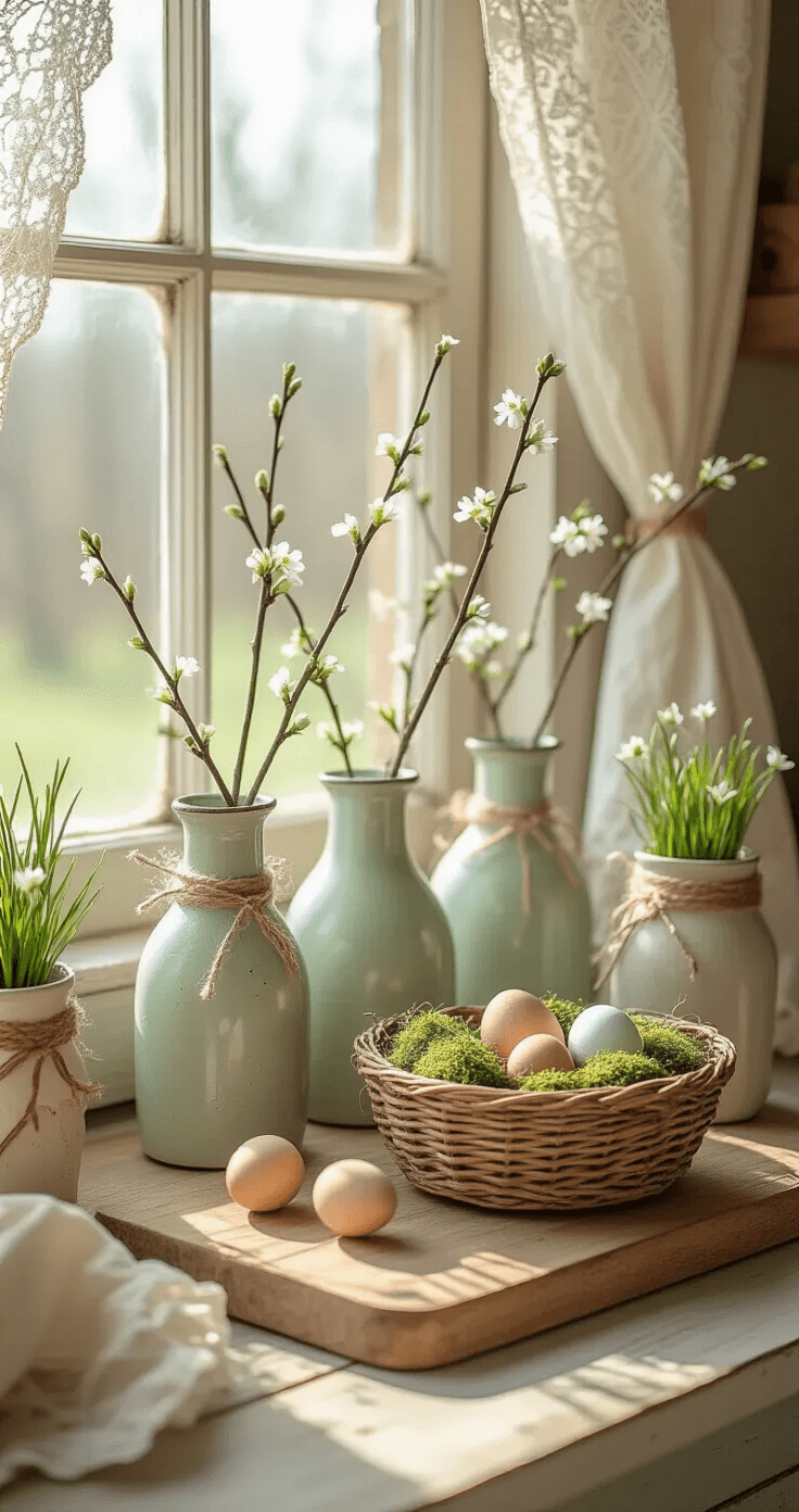 A rustic kitchen windowsill vignette featuring eggshell vases with spring flowers, small wooden eggs in a moss-lined basket, and vintage mason jars with pussy willows, all illuminated by morning sunlight through lace curtains, set against an aged wooden cutting board.