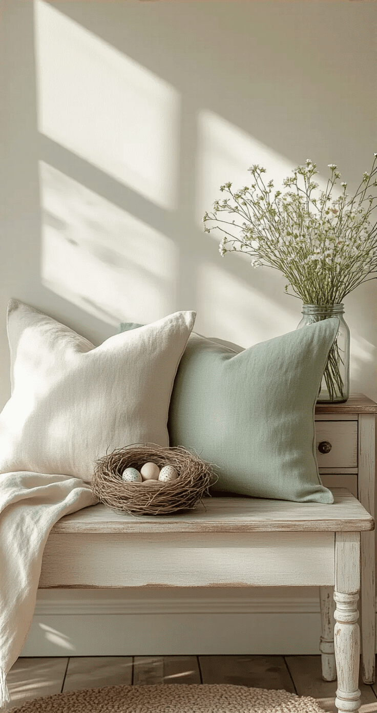 A serene primitive Easter bedroom featuring vintage linen pillows in muted spring colors on a weathered wooden bench, a small nest with speckled eggs on a distressed nightstand, and a mason jar of wildflowers, all illuminated by soft morning light.