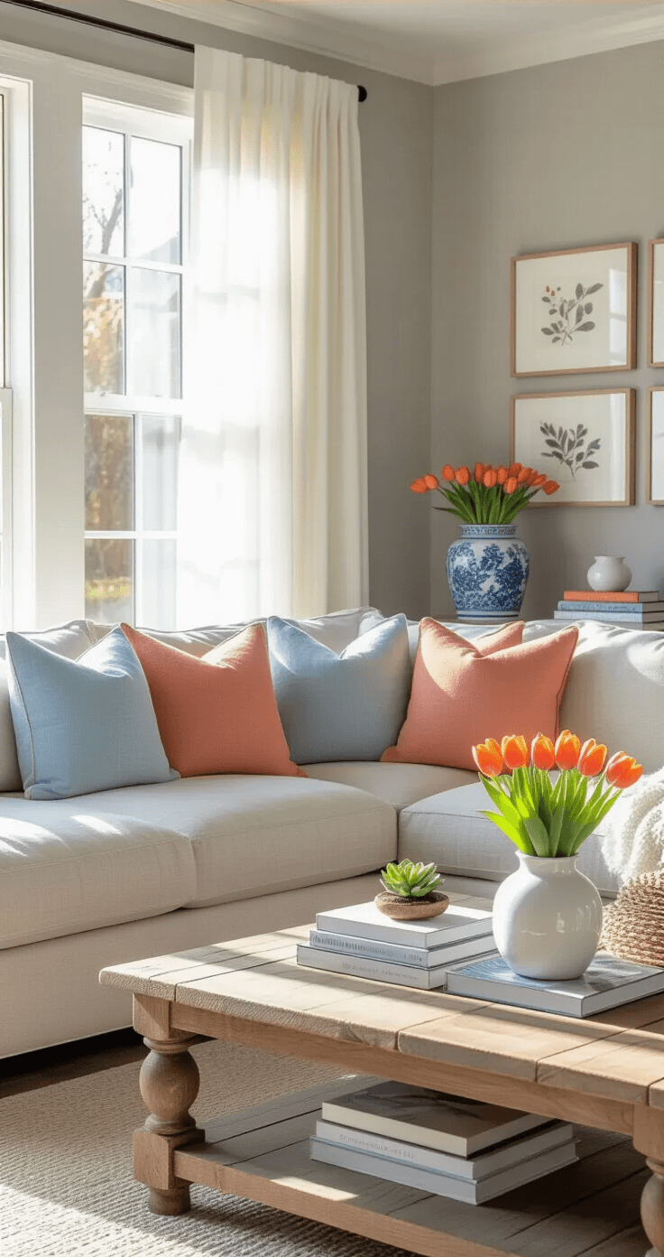 Photorealistic interior of a bright living room bathed in golden hour light, showcasing a neutral linen sectional sofa with coral and soft blue throw pillows, a reclaimed wood coffee table with decorative objects, and a jute area rug on whitewashed hardwood floors, all set against dove gray walls and framed botanical prints.