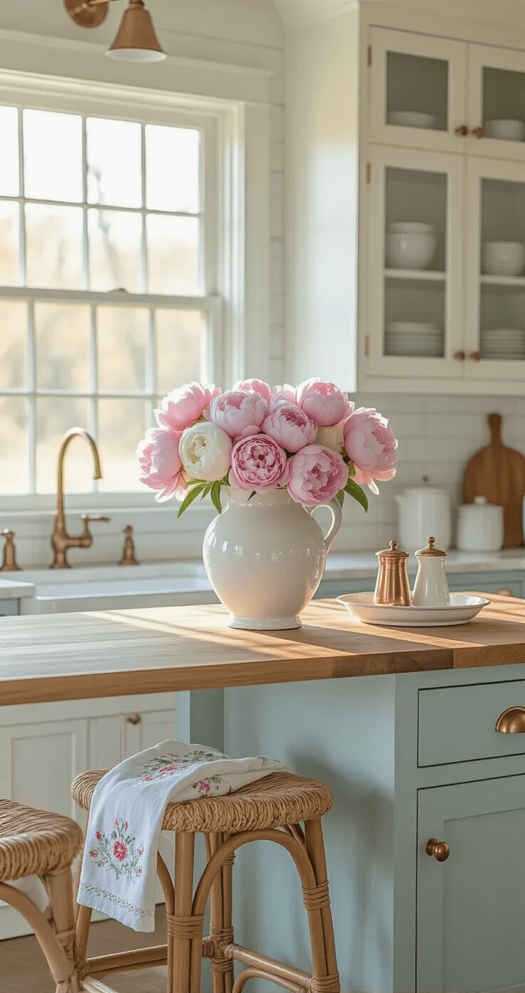 Medium shot of a cottage farmhouse kitchen island bathed in golden morning light, featuring white shaker and robin's egg blue cabinets, butcher block countertops adorned with a white ceramic urn of pink peonies and white ranunculus, woven bar stools with lavender pillows, white subway tile backsplash, and brass hardware, creating a warm and inviting atmosphere.