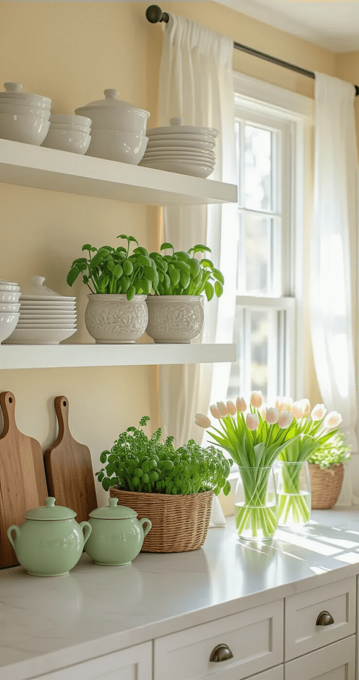 Wide angle shot of a spring-styled open concept kitchen with white cabinets and open shelving, featuring fresh tulips in clear glass vases, a potted herb garden, ginger jars, pistachio green bowls, and natural wood accents, illuminated by soft morning light filtering through sheer white curtains against pale yellow walls.