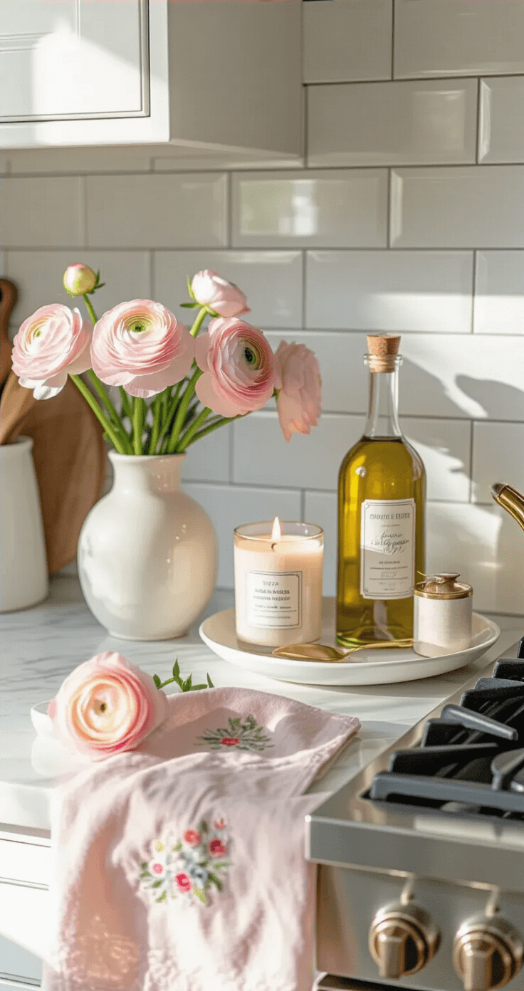 Close-up of a kitchen stove counter featuring a white marble countertop adorned with soft pink ranunculus in a ceramic vase, spring-scented candles, an olive oil bottle on a ceramic platter, embroidered blush pink dish towels, and a vintage-style stainless steel range, all illuminated by bright afternoon light that casts gentle shadows.