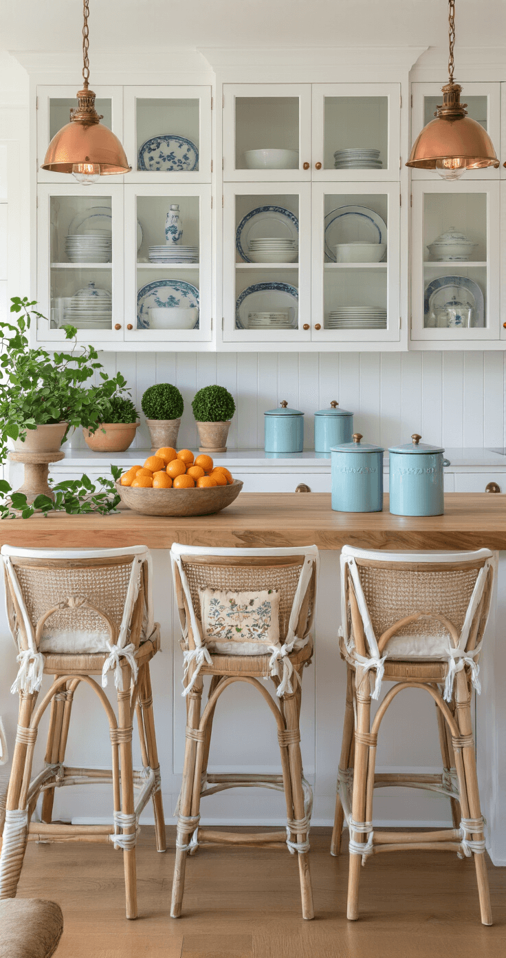 A bright and inviting kitchen peninsula with a breakfast bar, showcasing white painted cabinets with glass-front uppers filled with vintage dishware, a butcher block countertop featuring live-edge design, and industrial bar stools with woven rush seats. The scene is illuminated by soft afternoon light, highlighting a large ceramic bowl of fresh oranges and tangerines, trailing ivy, and small topiaries. Copper pendant lights with warm Edison bulbs hang above, complemented by a white beadboard backsplash and pastel blue ceramic canisters for coffee and tea. The perspective captures the full breakfast bar setup from the dining room.