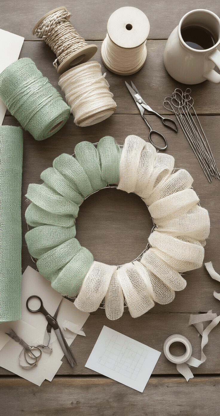 Overhead view of a rustic wooden workbench displaying neatly organized wreath crafting supplies including a wire form, rolls of muted sage and cream deco mesh, scissors, pipe cleaners, ribbon spools, and craft templates, illuminated by natural daylight, with a vintage ceramic mug holding tools.