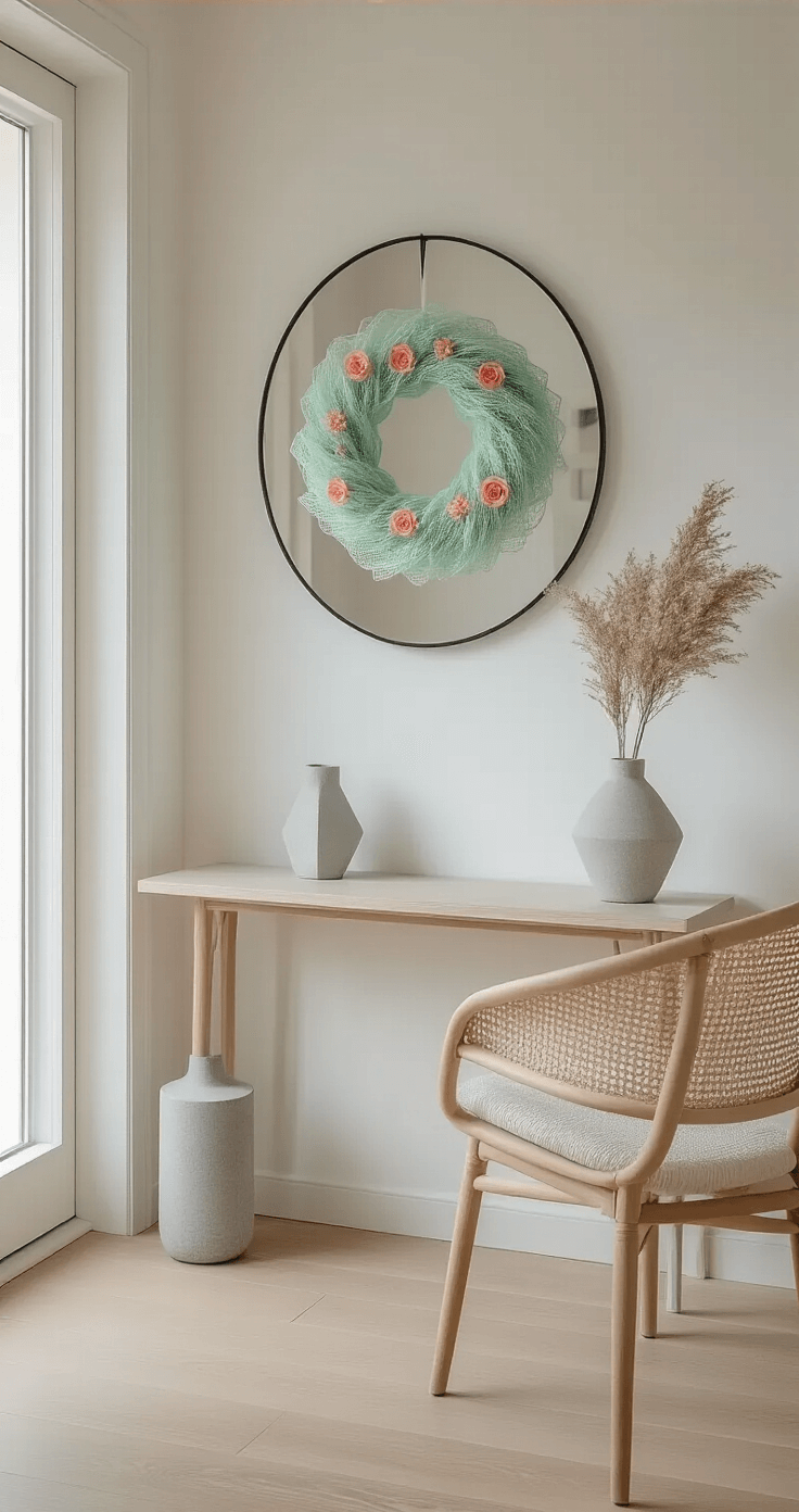 Minimalist Scandinavian entryway featuring white walls and light wooden floors, with a pastel mint and soft coral deco mesh wreath on a white door, a sleek console table, a mid-century modern chair, and a large circular mirror reflecting natural light.