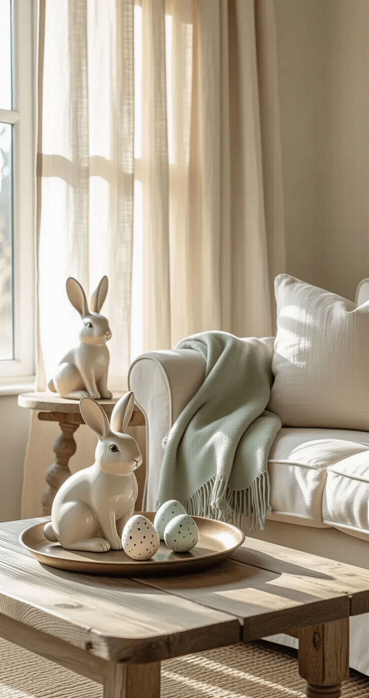 A serene living room bathed in soft morning light, featuring a cluster of cream-colored ceramic bunny figurines on a weathered oak shelf, an aged wooden side table with hand-painted speckled eggs on a vintage brass tray, and a casual moss green throw draped over a linen sofa, all in warm neutral tones.