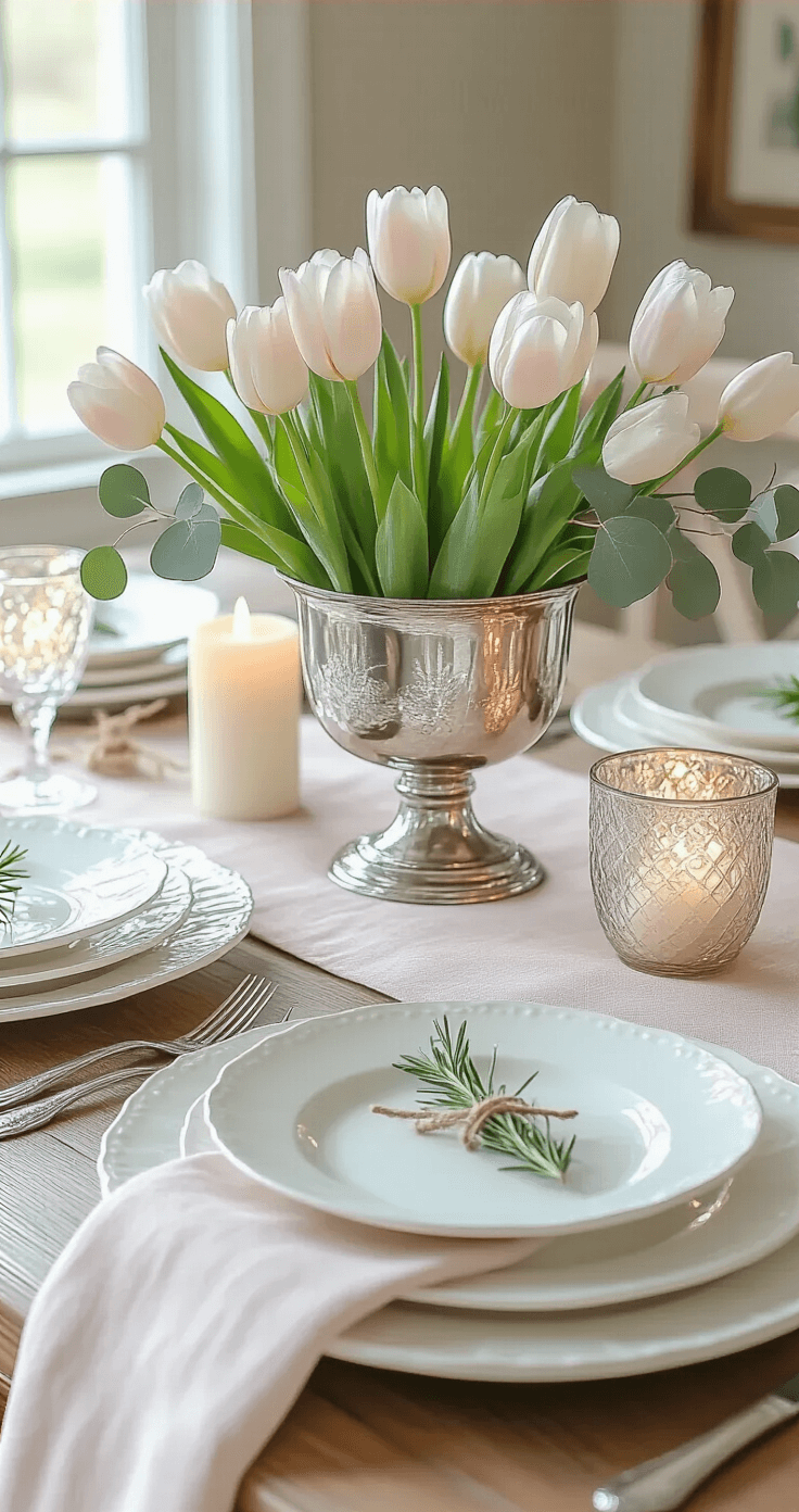 Elegantly styled dining table featuring a pale blush linen runner, layered vintage white porcelain and pastel egg-shaped salad plates, an antique silver compote with fresh tulips and eucalyptus, soft white candles in mercury glass holders, and natural twine napkin ties with rosemary sprigs, all set under warm side lighting.