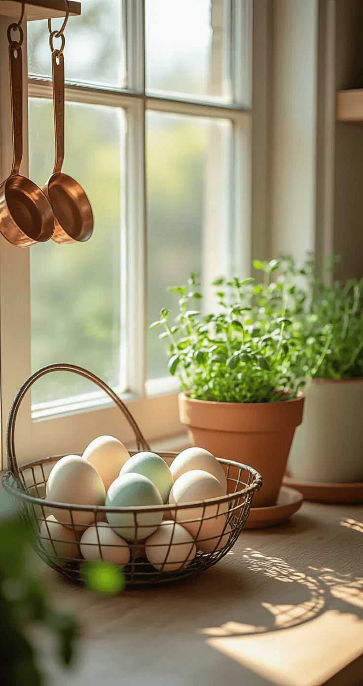 A sunlit kitchen windowsill displays hand-painted wooden eggs in cream and sage, arranged in a vintage wire egg basket. Nearby, potted herbs in pastel-colored terracotta planters and copper measuring spoons create a cozy, organic atmosphere, captured in close-up macro photography that emphasizes textures and color variations.