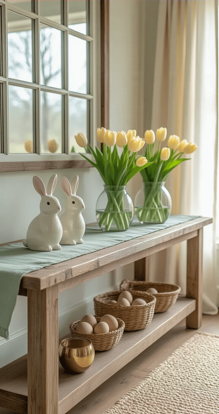 A sunlit modern farmhouse entryway featuring a reclaimed wood console table with a sage green linen runner, white ceramic bunny figurines, hand-blown glass bud vases with pale yellow tulips, sheer linen curtains, a woven natural fiber rug, vintage brass egg cups with naturally dyed eggs in blush and sage tones, captured in a wide angle shot from the doorway.