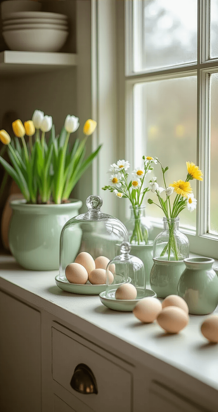 Close-up of an airy kitchen windowsill featuring vintage glass cloches, mini bud vases with soft yellow and white flowers, hand-painted wooden eggs, and sage green ceramic planters with spring bulbs, all illuminated by natural light highlighting the textures and details.