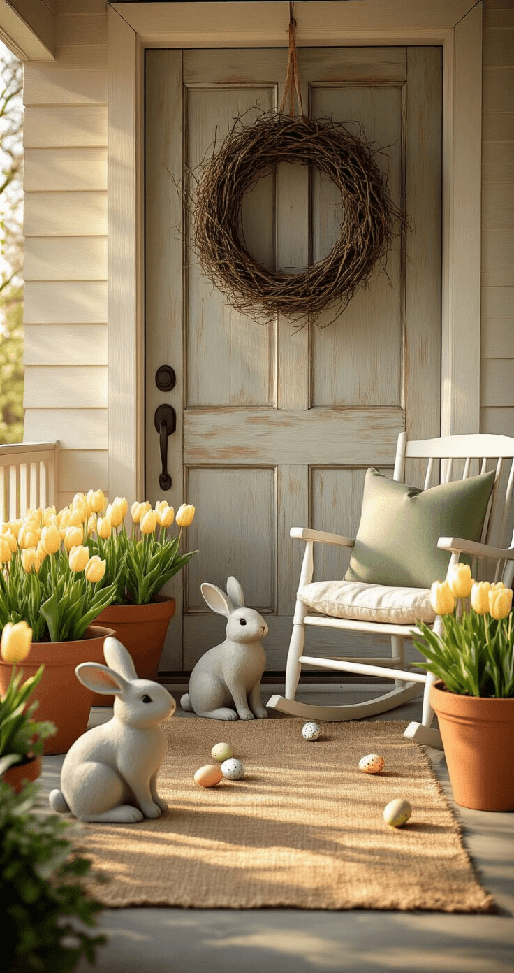 Photorealistic Easter front porch scene bathed in golden hour light, featuring concrete garden rabbits, terra cotta planters with pale yellow tulips, an asymmetrical grapevine wreath on a weathered wood door, a burlap runner with scattered speckled eggs, and a sage green throw pillow on a vintage white rocking chair. The composition showcases a soft pastel color palette and natural textures.