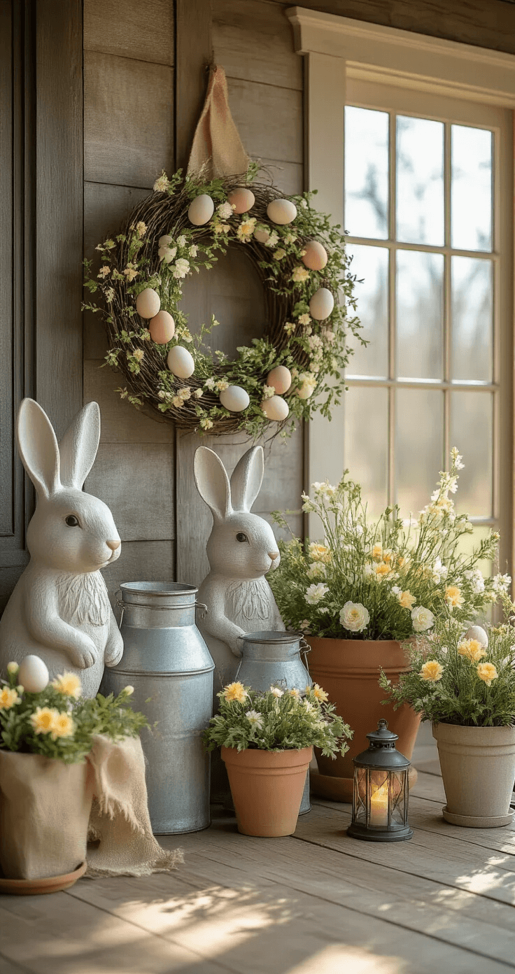 A rustic farmhouse porch styled for Easter, featuring concrete bunny statues, vintage metal milk cans, an oversized wire wreath with egg and moss accents, layered terra cotta planters with spring flowers, and ambient lanterns, all bathed in soft morning light.