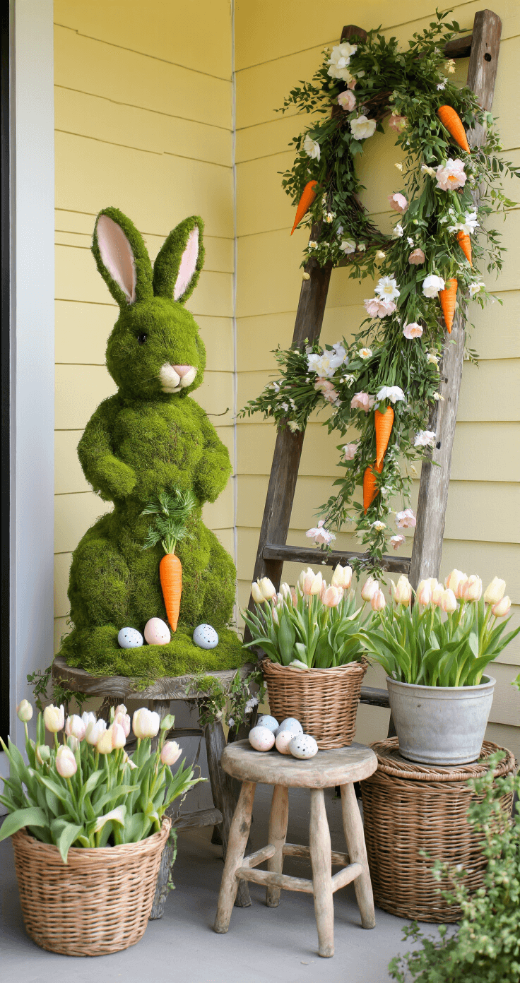 A whimsical Easter porch scene with a moss bunny topiary, antique wooden ladder, cascading floral garland, and pastel yellow and white accents, featuring vintage stools, woven baskets of speckled eggs, and weathered concrete planters with tulips, all softly illuminated by morning light for a dreamlike atmosphere.
