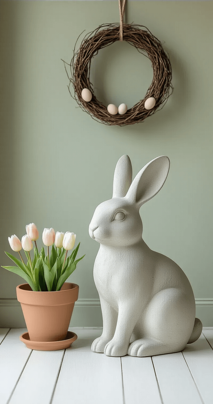 A minimalist Easter porch featuring a large concrete rabbit statue on a whitewashed wooden floor, against a soft grey-green sage backdrop. A single terra cotta planter holds a sparse tulip arrangement, while an asymmetrically hung grapevine wreath with delicate egg accents enhances the tranquil setting. The muted color palette of cream, sage, and soft whites is illuminated by early morning light, casting gentle shadows that highlight the sculptural forms and negative space.