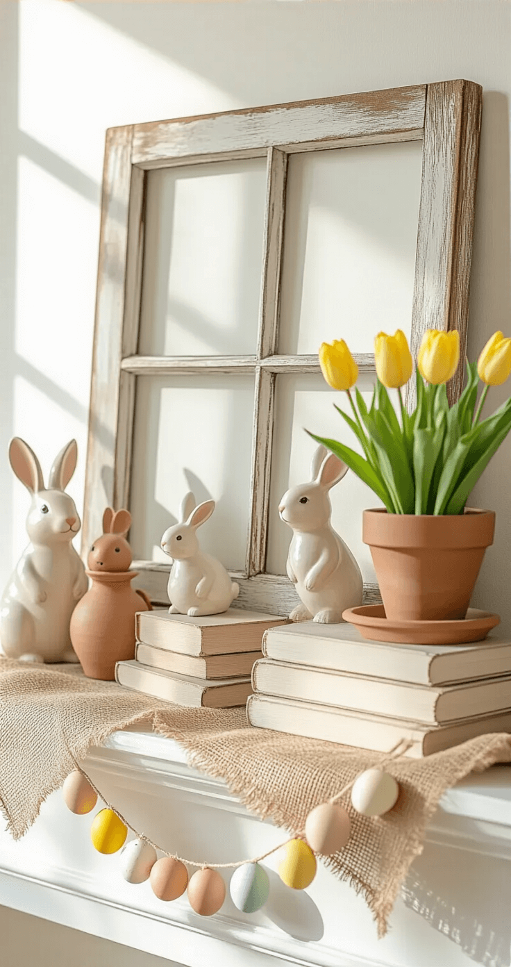 A beautifully styled farmhouse Easter mantel adorned with a weathered wooden window frame, ceramic and wooden bunnies, distressed white book stacks, vintage terra cotta pots filled with soft yellow tulips, and a burlap runner, all illuminated by warm morning sunlight, with a delicate egg garland draping over the edge.