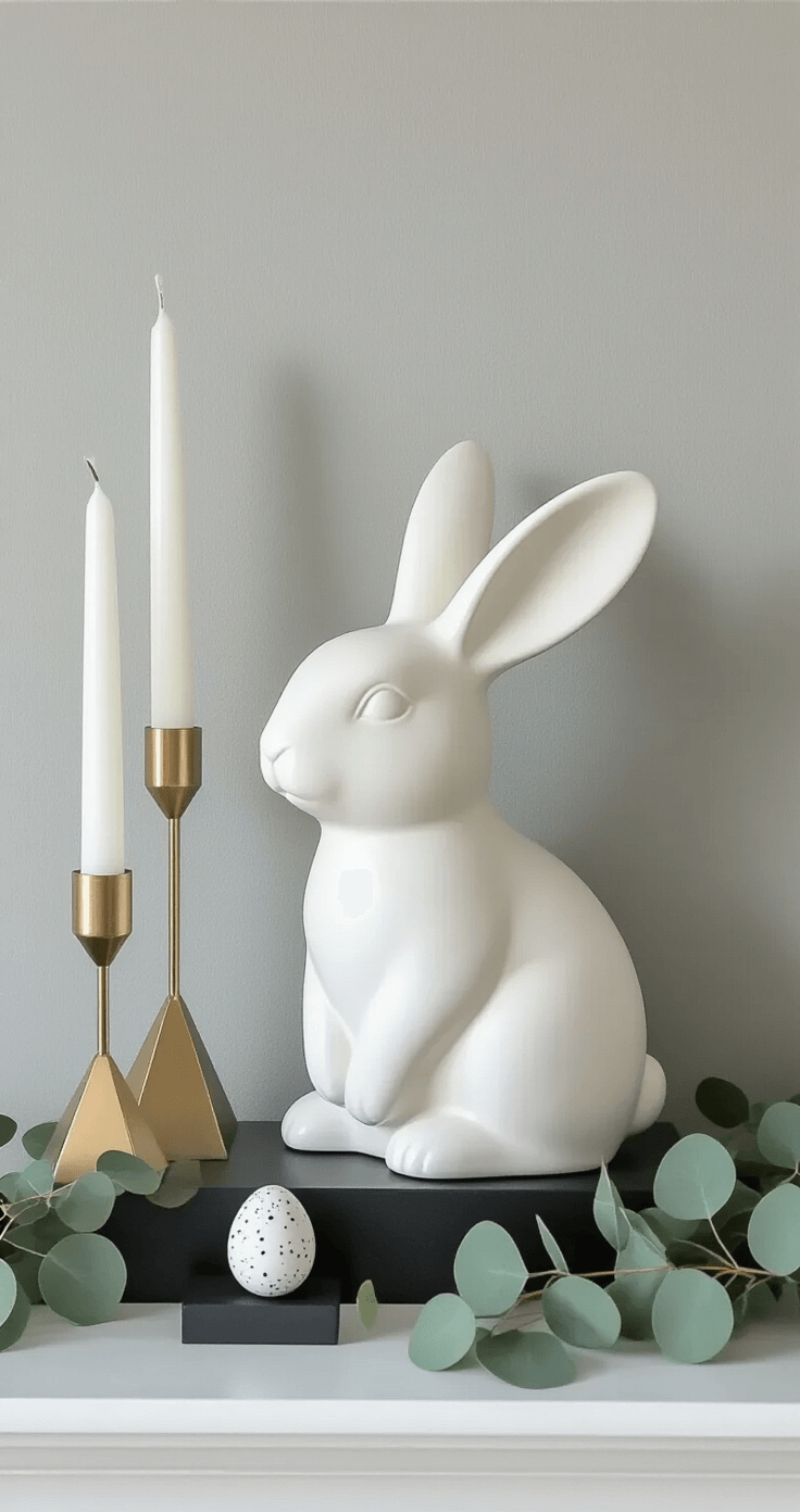 A minimalist Easter mantel featuring a large matte white ceramic bunny off-center, geometric brass candlesticks, three speckled eggs on black risers, and a draping sage green eucalyptus garland against a crisp white backdrop and soft gray wall, with natural light casting clean shadows.