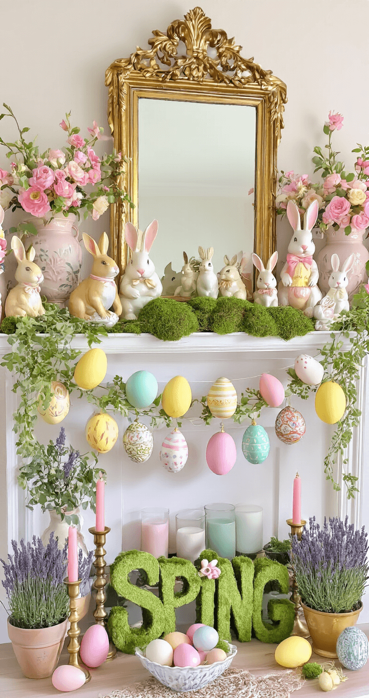 An eclectic maximalist Easter mantel adorned with vibrant colors and textures, featuring a vintage gold-framed mirror, ceramic and wire bunnies, a hand-painted paper mache egg garland, moss-covered letters spelling 'SPRING', potted lavender plants, and pastel candles in brass candlesticks, all illuminated by rich, dynamic lighting.