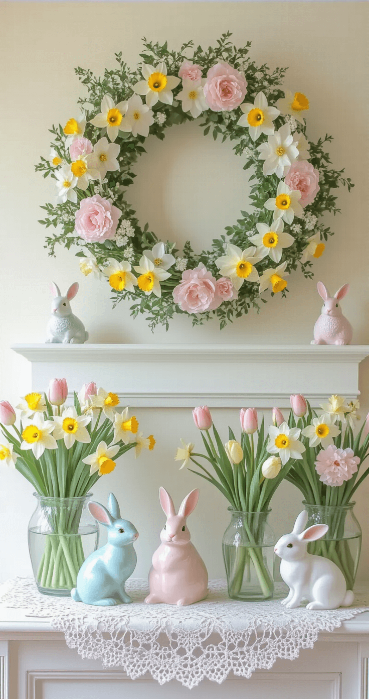 A traditional spring mantel adorned with a pastel palette, featuring a large floral wreath, clear glass vases of daffodils and tulips, porcelain rabbits in soft blue and pink, a vintage lace doily, and a delicate egg garland, all illuminated by soft natural light from an east-facing window against a neutral cream wall.