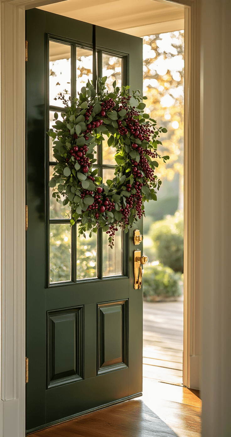Interior view through an elegant front door window showcasing a luxurious foliage and berry wreath, illuminated by warm golden hour sunlight, against a rich mahogany frame and deep hunter green wood.