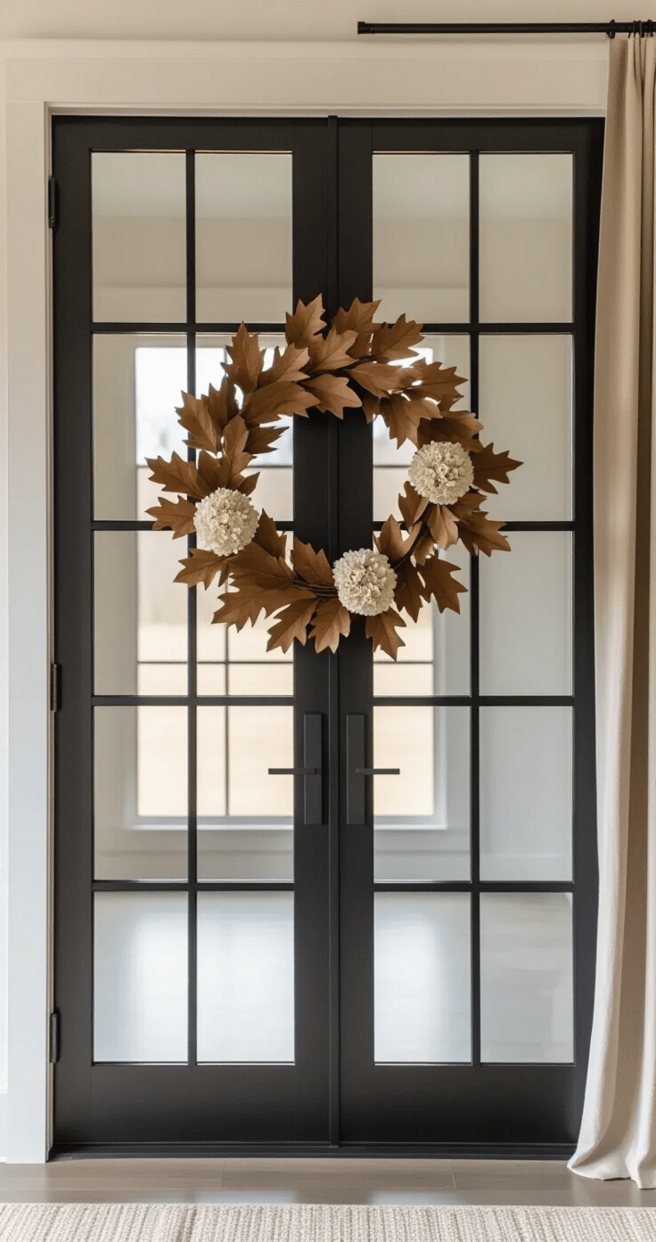 Modern farmhouse interior featuring a symmetrical oak leaf wreath on a charcoal gray door, framed by floor-to-ceiling black-framed glass doors. Afternoon light filters through sheer curtains, highlighting the muted tan and bronze leaves and subtle cream hydrangeas. Clean lines, polished chrome hardware, and smooth concrete floors enhance the minimalist aesthetic, with an emphasis on texture and intricate leaf details.