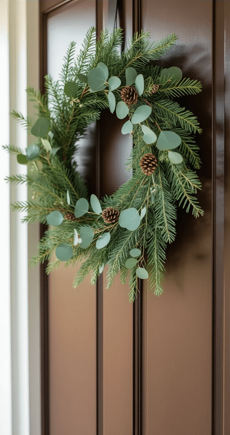 Intimate view of a eucalyptus and evergreen wreath on a rich espresso-stained wooden door, illuminated by mid-morning sunlight, with textural elements like seed pods and pine cones, set against a blurred contemporary entryway.