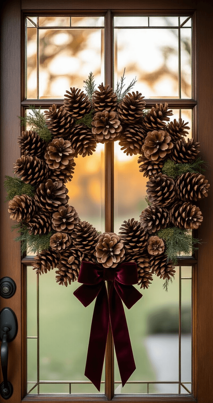 Interior view of a craftsman-style door with beveled glass, featuring a large rustic pine cone wreath adorned with a burgundy velvet ribbon, warm evening light highlighting the rich tones of the pine cones and preserved moss, against a backdrop of hardwood flooring and cozy lighting.