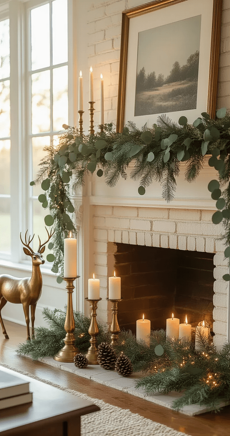 Warm golden hour light illuminates an elegant fireplace mantel adorned with eucalyptus and Norfolk pine garland, featuring brass candlesticks with white taper candles, scattered pinecones, fairy lights, a vintage brass deer figurine, and weathered picture frames, all set in a spacious living room with hardwood floors, creating a sophisticated winter ambiance.