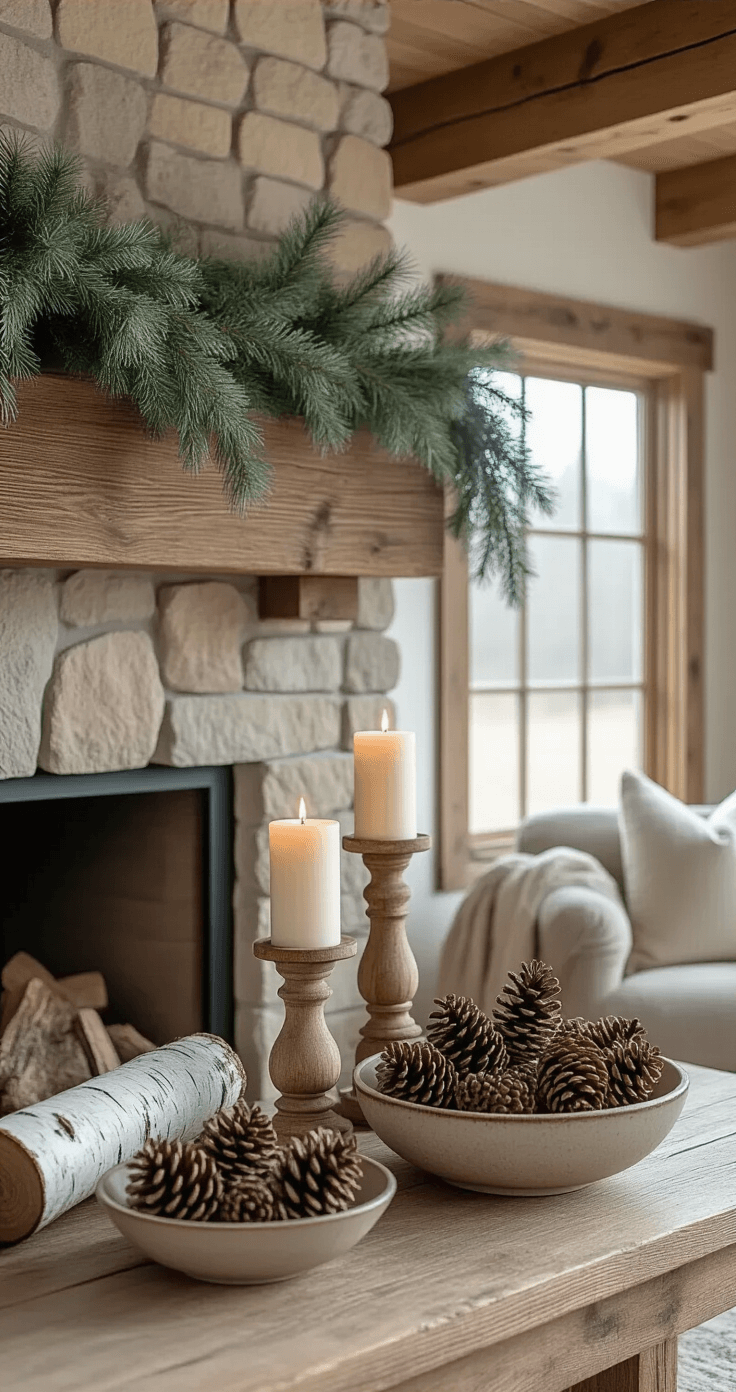 A cozy rustic farmhouse living room bathed in afternoon light, featuring a reclaimed wood mantel adorned with frosted lamb's ear garland and pine branches, chunky wooden candle holders with pillar candles, a bowl overflowing with pinecones, birch logs beside a stone fireplace, and battery-operated flicker candles nestled in greenery, all exuding a lived-in, organic charm.