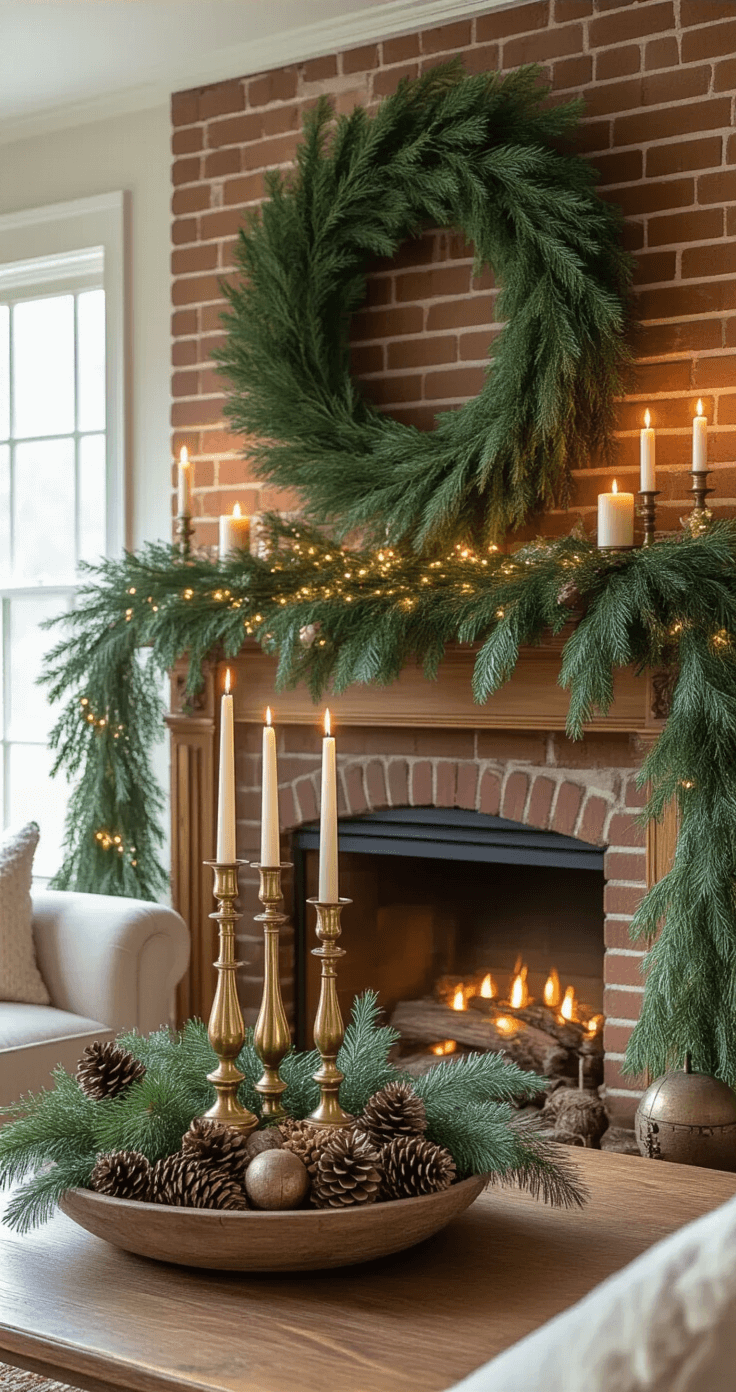 Cozy living room scene illuminated by golden lamplight, featuring a wooden mantel adorned with layered winter greenery, brass candlesticks with taper candles, a large grapevine wreath, scattered pheasant feathers, and vintage brass bells, all set against a brick fireplace. Pinecones in a weathered bowl and fairy lights enhance the woodland cabin aesthetic, emphasizing rich textures and warmth.