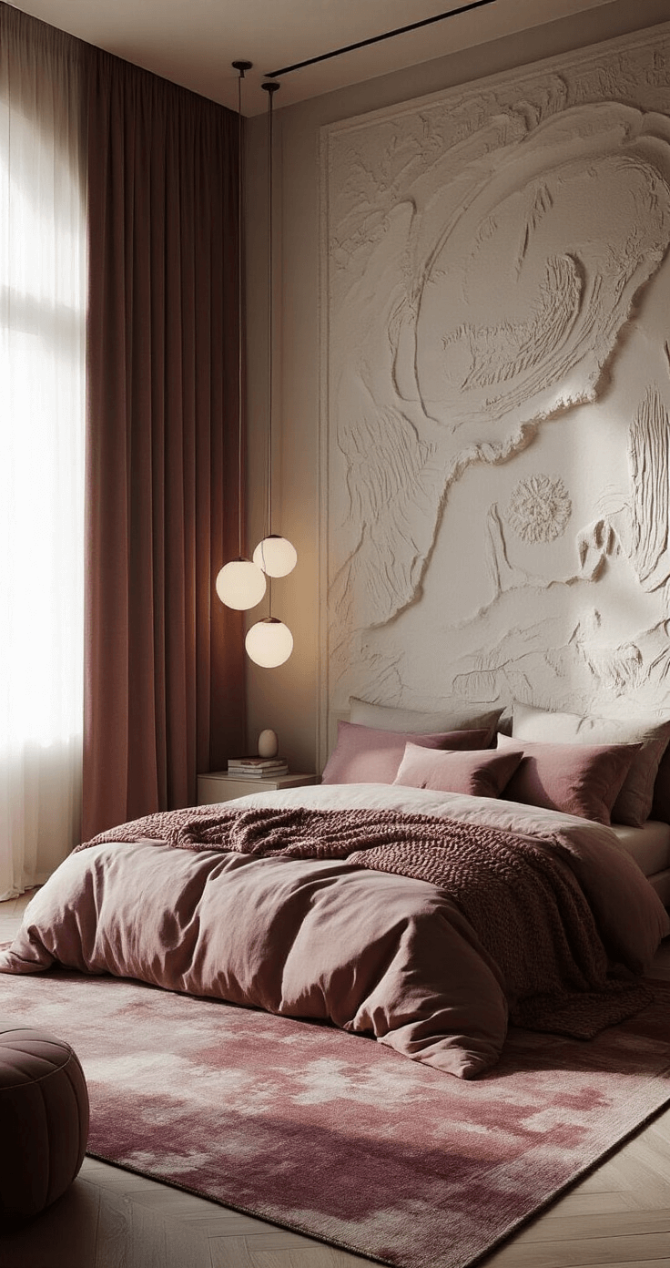 Luxurious bedroom interior with monochromatic plum and terracotta colors, featuring an oversized abstract rug, large plaster relief artwork on the wall, soft morning light through linen curtains, and a mix of textured bedding.