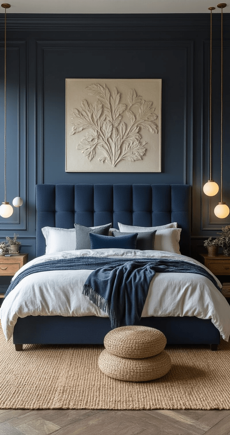 Luxe bedroom interior with a deep twilight blue upholstered headboard, layered lighting from orb pendant lamps and bedside lamps, textured linens and quilts, contrasting jute and wool rugs, and a botanical plaster relief above the bed, highlighting the room's immersive and protective atmosphere.