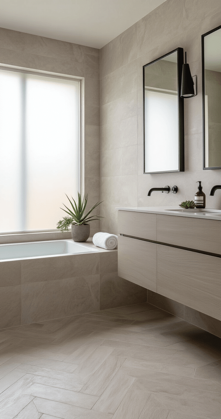 Ultra-realistic modern bathroom featuring luxurious greige porcelain floor tiles in a herringbone pattern, matte black fixtures, a sleek floating vanity with a marble countertop, soft morning light from a frosted glass window, and minimal styling with a rolled white towel and a succulent.